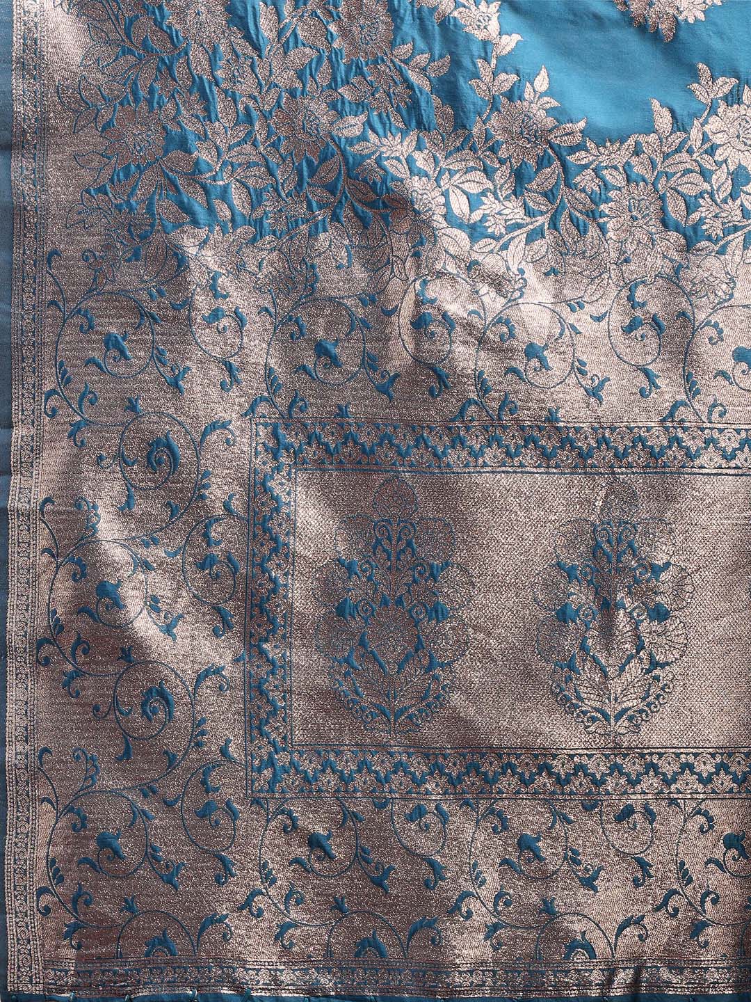 Astita Emerald Teal Green Banarasi Silk Saree with Zari Floral Work - Elegance Woven in Every Thread | Swadesiicart