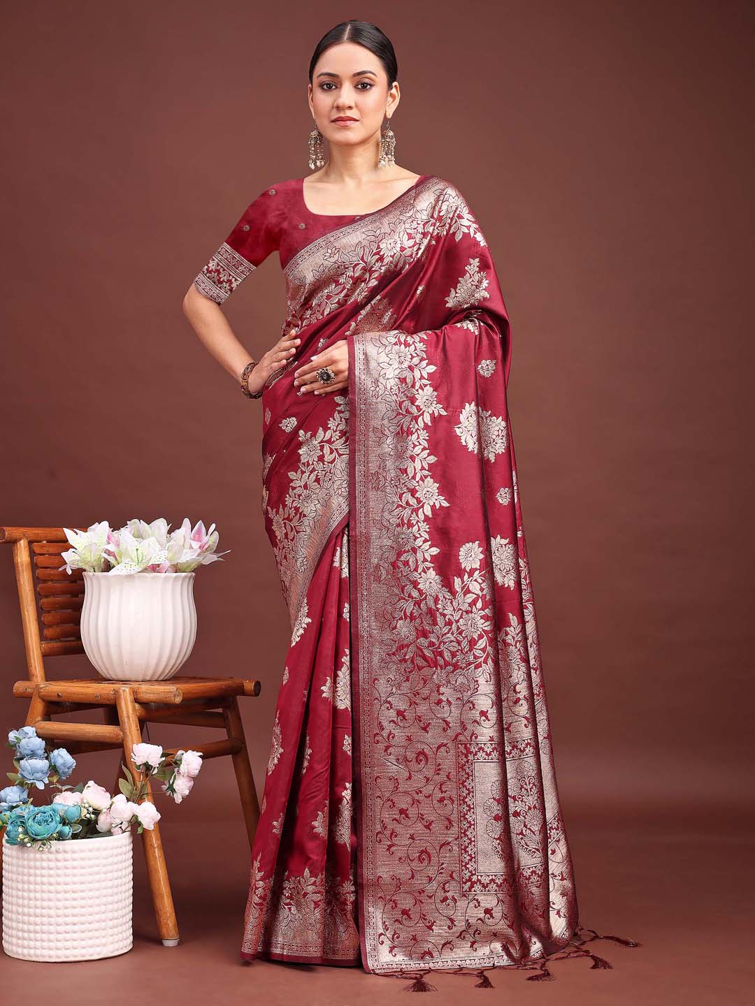 Astita Emerald Maroon Banarasi Silk Saree with Zari Floral Work - Elegance Woven in Every Thread | Swadesiicart