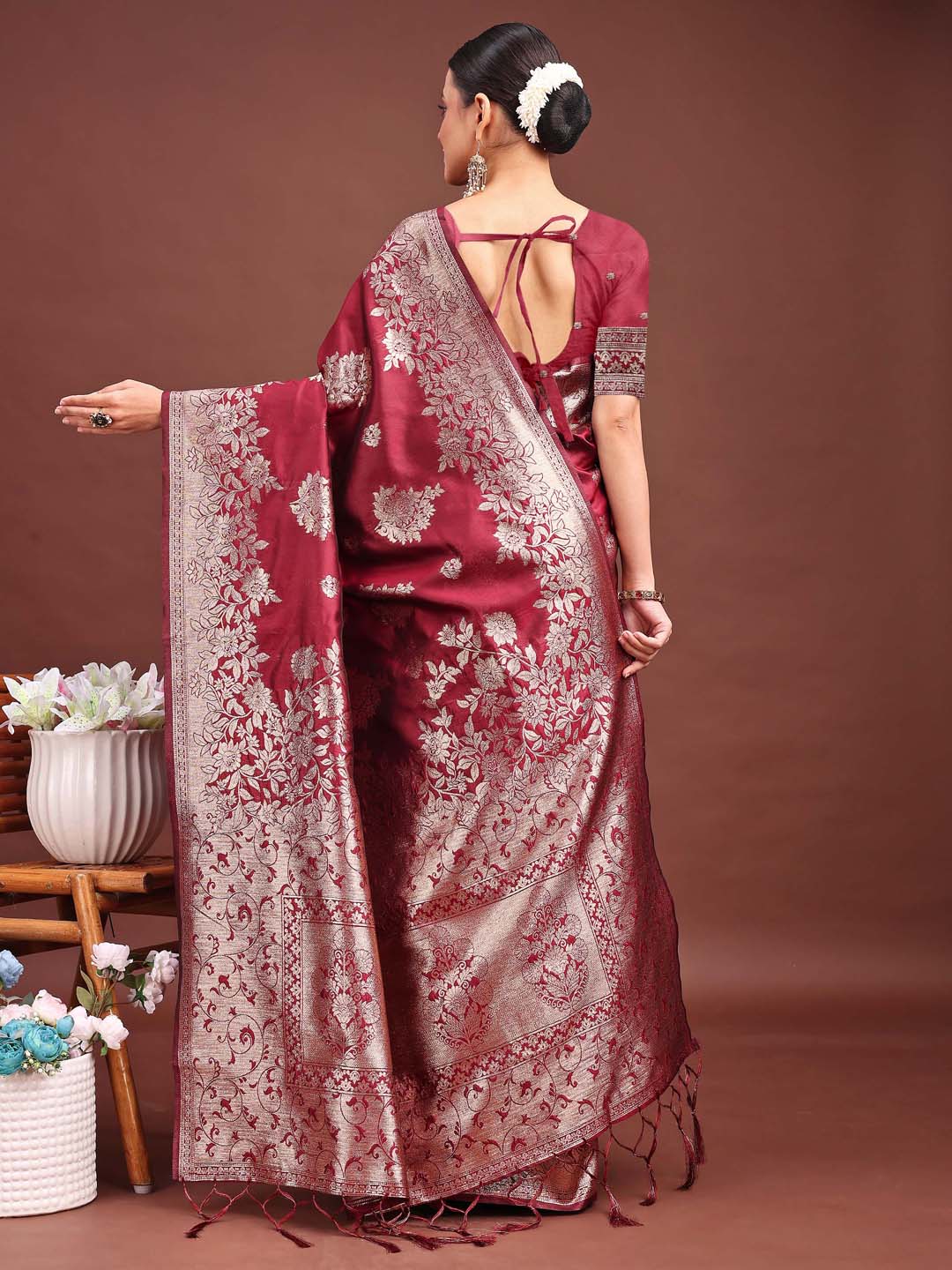 Astita Emerald Maroon Banarasi Silk Saree with Zari Floral Work - Elegance Woven in Every Thread | Swadesiicart