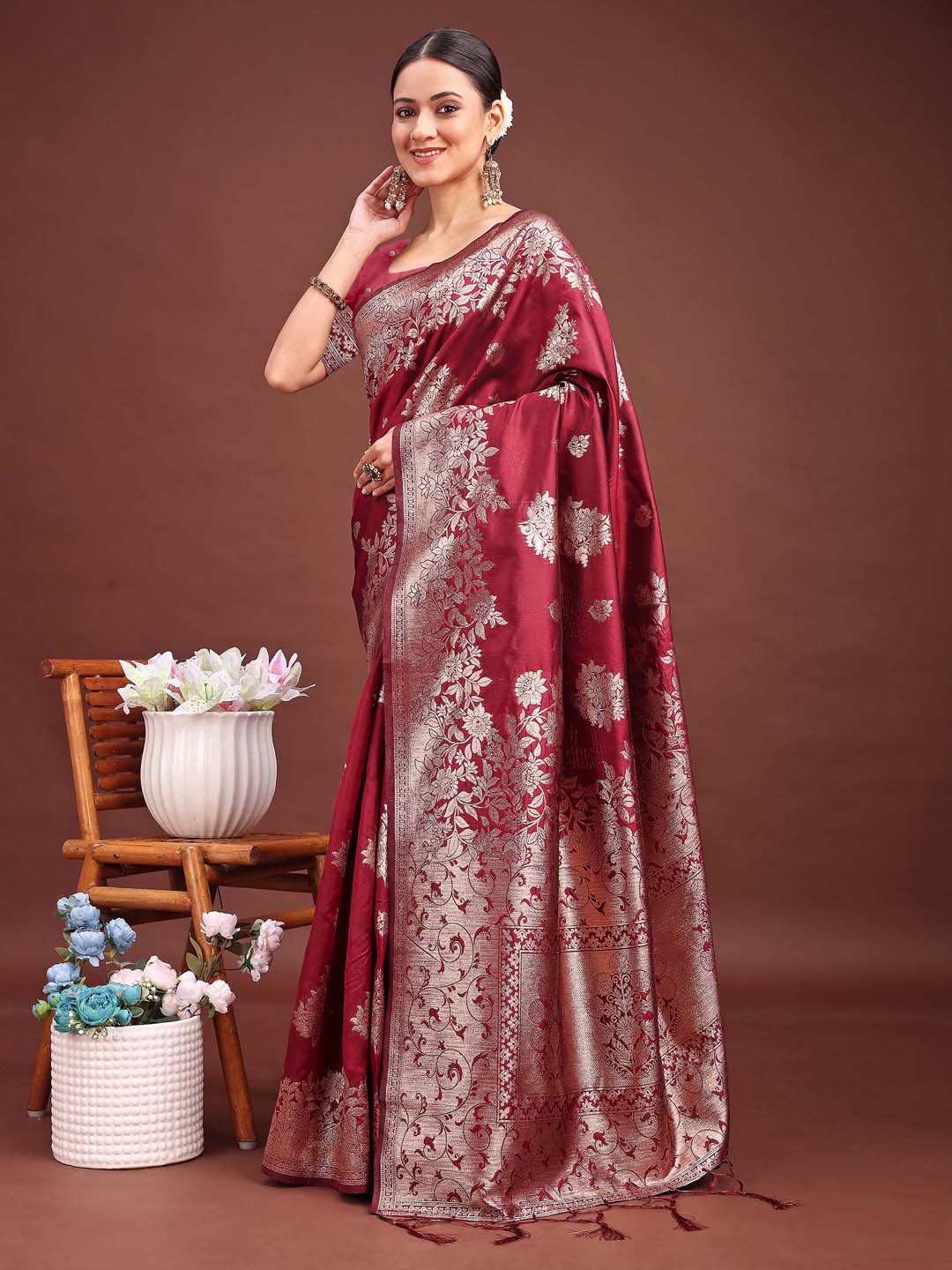 Astita Emerald Maroon Banarasi Silk Saree with Zari Floral Work - Elegance Woven in Every Thread | Swadesiicart