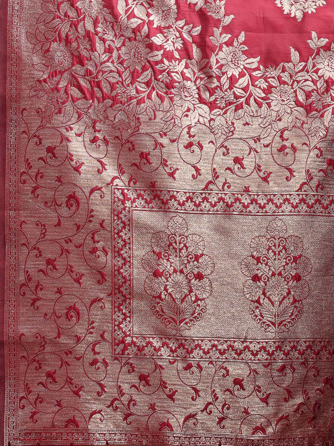 Astita Emerald Maroon Banarasi Silk Saree with Zari Floral Work - Elegance Woven in Every Thread | Swadesiicart