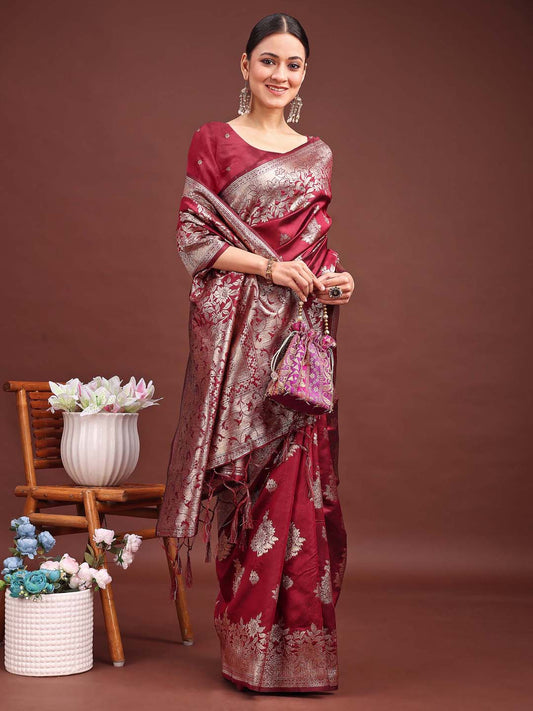 Astita Emerald Maroon Banarasi Silk Saree with Zari Floral Work - Elegance Woven in Every Thread | Swadesiicart