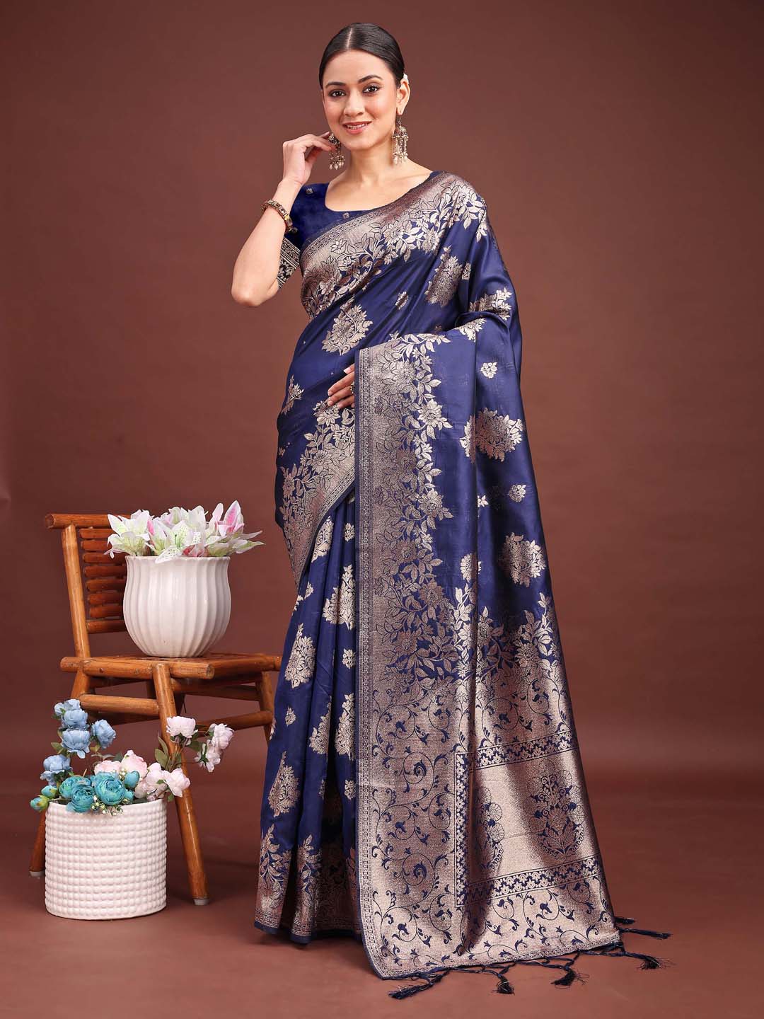 Astita Emerald Navy Blue Banarasi Silk Saree with Zari Floral Work - Elegance Woven in Every Thread | Swadesiicart