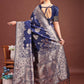 Astita Emerald Navy Blue Banarasi Silk Saree with Zari Floral Work - Elegance Woven in Every Thread | Swadesiicart