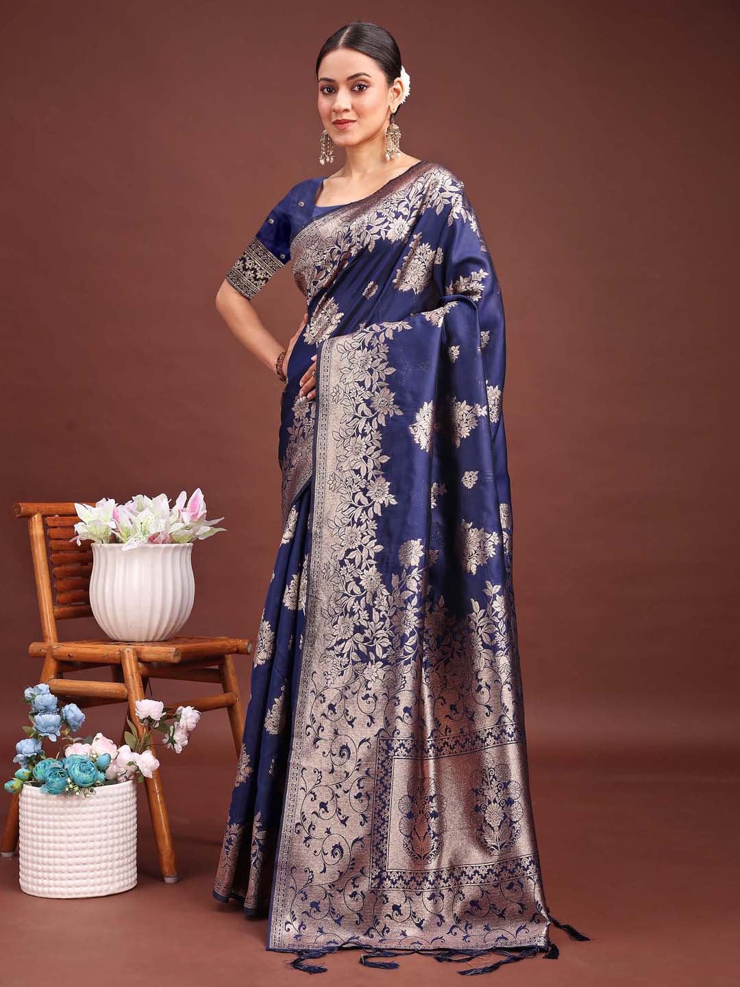 Astita Emerald Navy Blue Banarasi Silk Saree with Zari Floral Work - Elegance Woven in Every Thread | Swadesiicart
