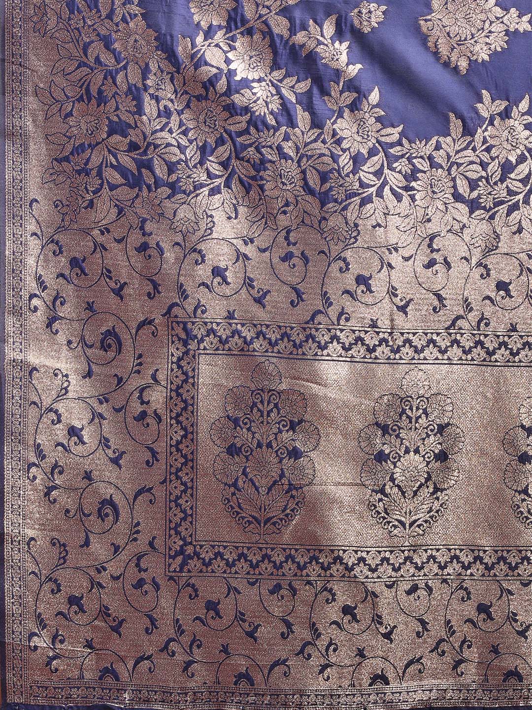 Astita Emerald Navy Blue Banarasi Silk Saree with Zari Floral Work - Elegance Woven in Every Thread | Swadesiicart