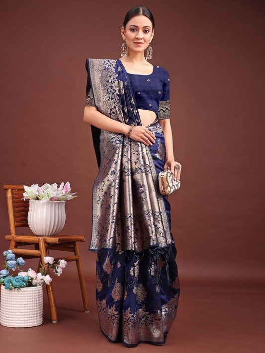 Astita Emerald Navy Blue Banarasi Silk Saree with Zari Floral Work - Elegance Woven in Every Thread | Swadesiicart