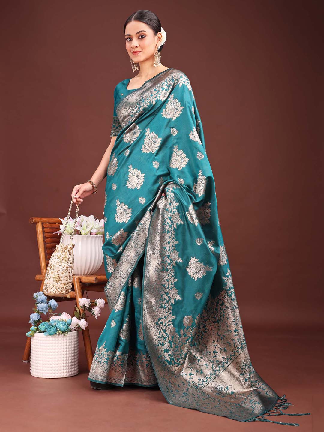 Astita Emerald Sea Green Banarasi Silk Saree with Zari Floral Work - Elegance Woven in Every Thread | Swadesiicart