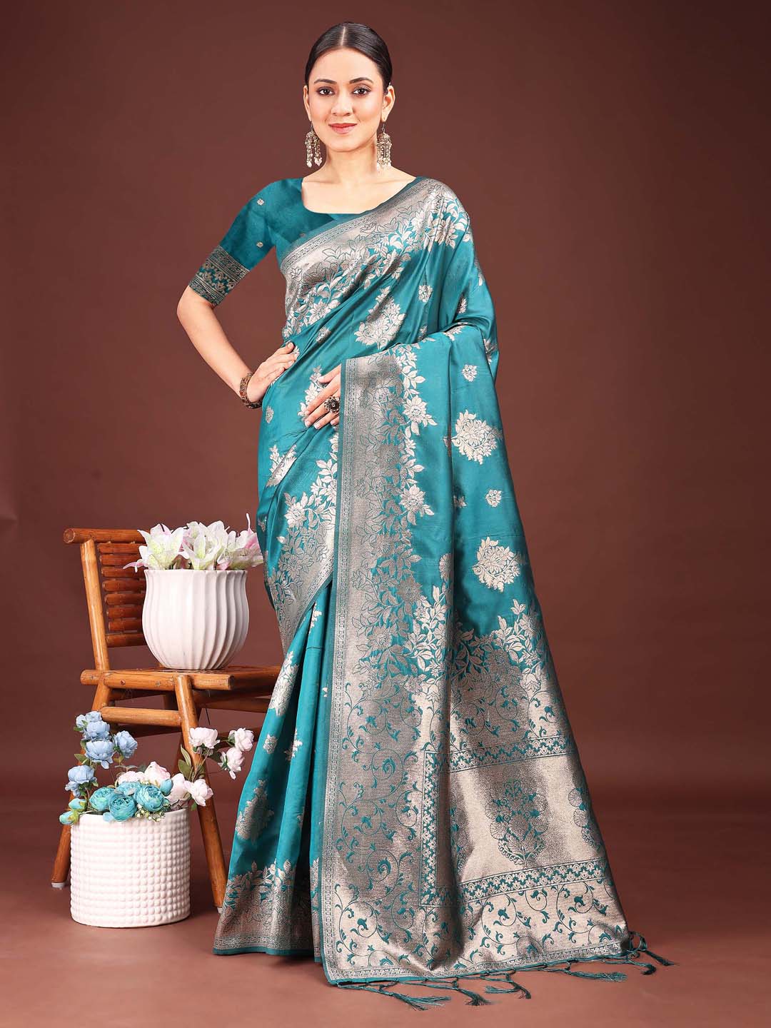 Astita Emerald Sea Green Banarasi Silk Saree with Zari Floral Work - Elegance Woven in Every Thread | Swadesiicart