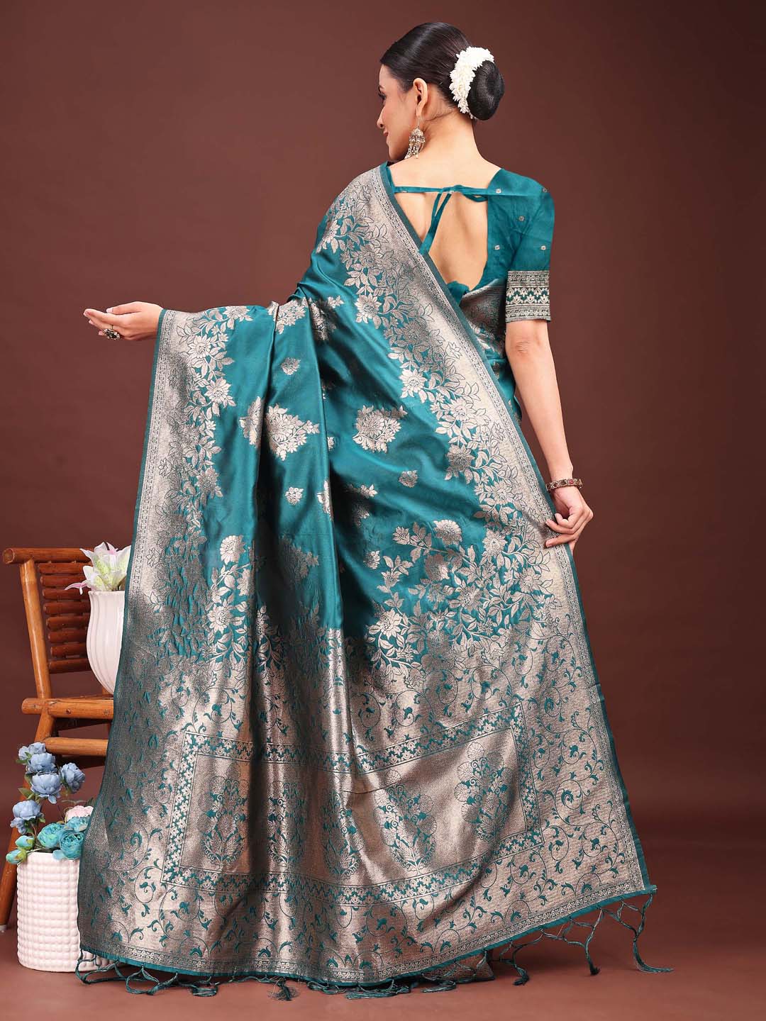 Astita Emerald Sea Green Banarasi Silk Saree with Zari Floral Work - Elegance Woven in Every Thread | Swadesiicart