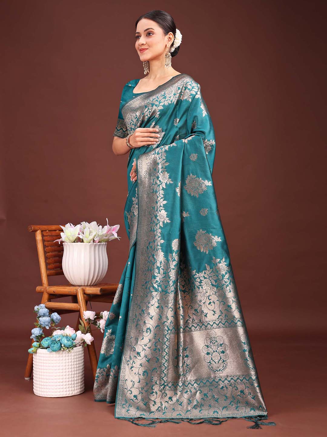 Astita Emerald Sea Green Banarasi Silk Saree with Zari Floral Work - Elegance Woven in Every Thread | Swadesiicart