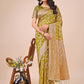 Shree Shyam Fashion Elegant Olive Green Linen Cotton Saree with Silver Zari Border & Geometric Weave - Daily,Office & Festive Wear