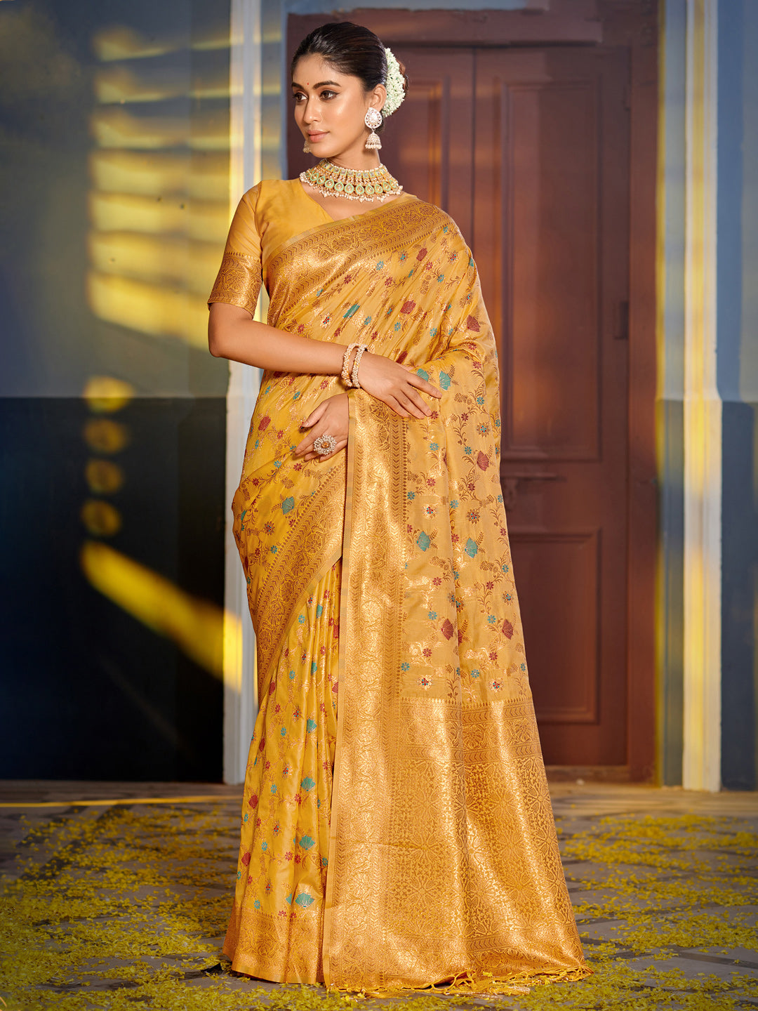 Astita Graceful Yellow Banarasi Silk Saree with Golden Zari Woven Border & Floral Jaal - Wedding & Festive Wear | Swadesiicart