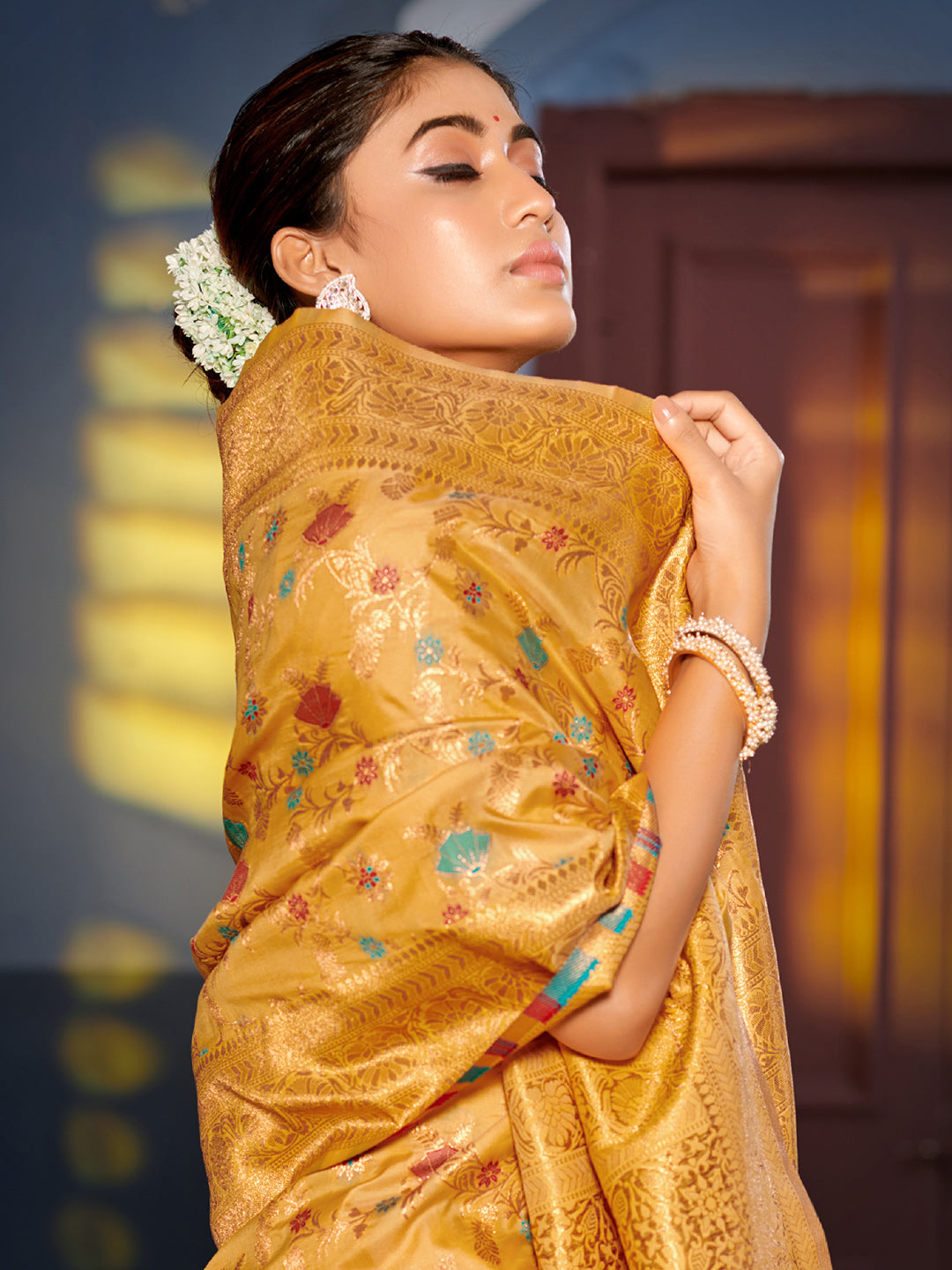 Astita Graceful Yellow Banarasi Silk Saree with Golden Zari Woven Border & Floral Jaal - Wedding & Festive Wear | Swadesiicart