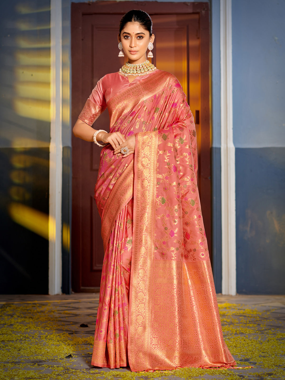 Astita Graceful Peach Banarasi Silk Saree with Golden Zari Woven Border & Floral Jaal - Wedding & Festive Wear | Swadesiicart