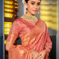 Astita Graceful Peach Banarasi Silk Saree with Golden Zari Woven Border & Floral Jaal - Wedding & Festive Wear | Swadesiicart