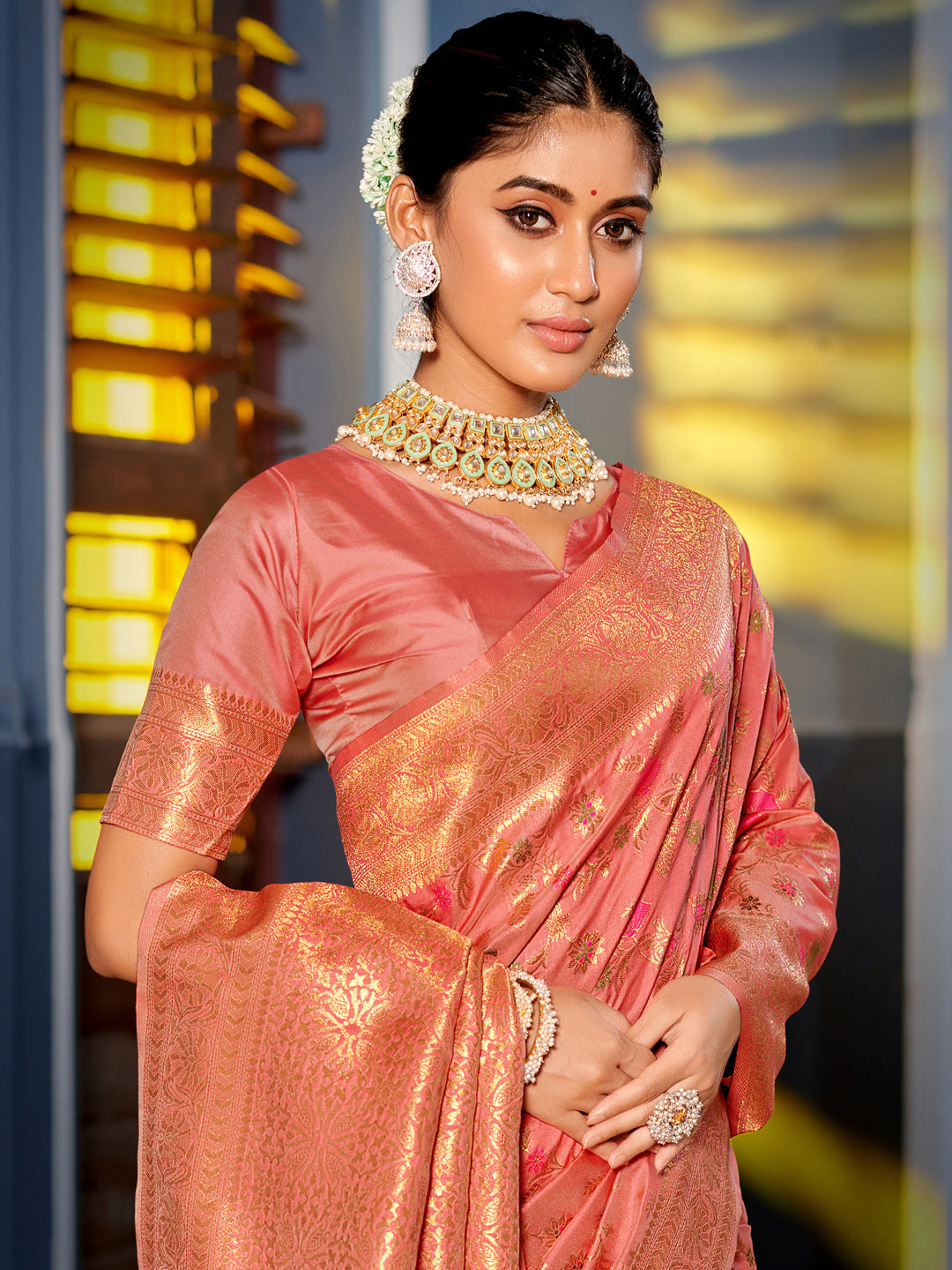 Astita Graceful Peach Banarasi Silk Saree with Golden Zari Woven Border & Floral Jaal - Wedding & Festive Wear | Swadesiicart