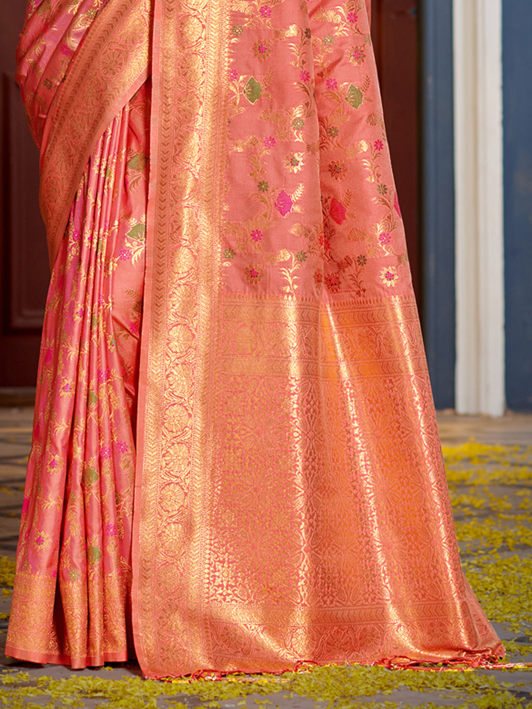 Astita Graceful Peach Banarasi Silk Saree with Golden Zari Woven Border & Floral Jaal - Wedding & Festive Wear | Swadesiicart