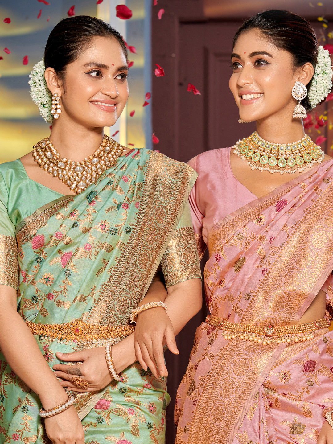 Astita Graceful Sea Green Banarasi Silk Saree with Golden Zari Woven Border & Floral Jaal - Wedding & Festive Wear | Swadesiicart
