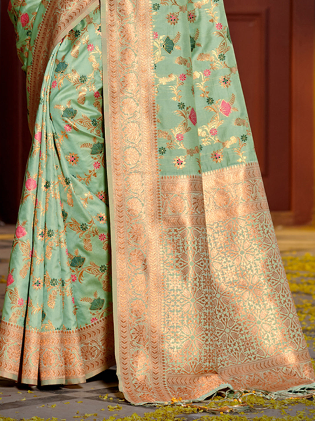 Astita Graceful Sea Green Banarasi Silk Saree with Golden Zari Woven Border & Floral Jaal - Wedding & Festive Wear | Swadesiicart