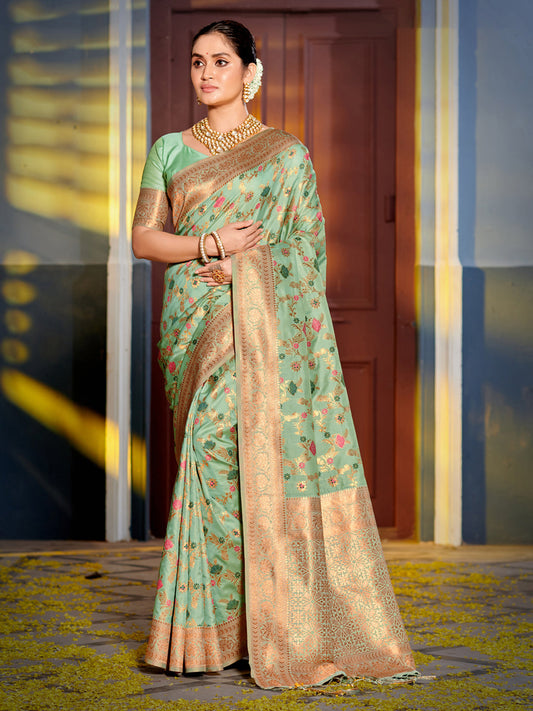 Astita Graceful Sea Green Banarasi Silk Saree with Golden Zari Woven Border & Floral Jaal - Wedding & Festive Wear | Swadesiicart