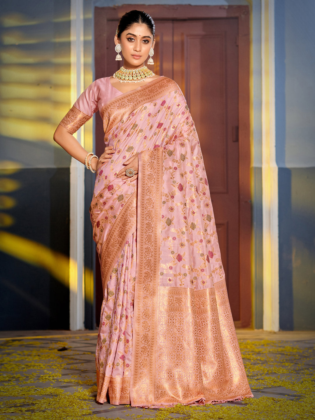 Astita Graceful Pink Banarasi Silk Saree with Golden Zari Woven Border & Floral Jaal - Wedding & Festive Wear | Swadesiicart