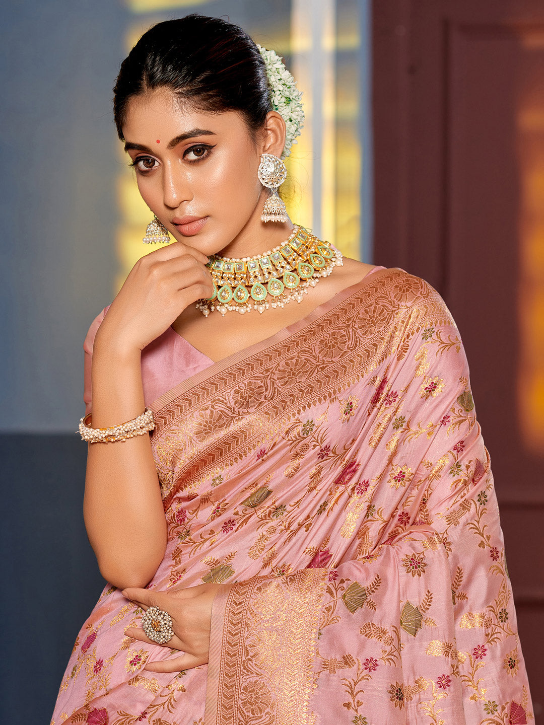 Astita Graceful Pink Banarasi Silk Saree with Golden Zari Woven Border & Floral Jaal - Wedding & Festive Wear | Swadesiicart