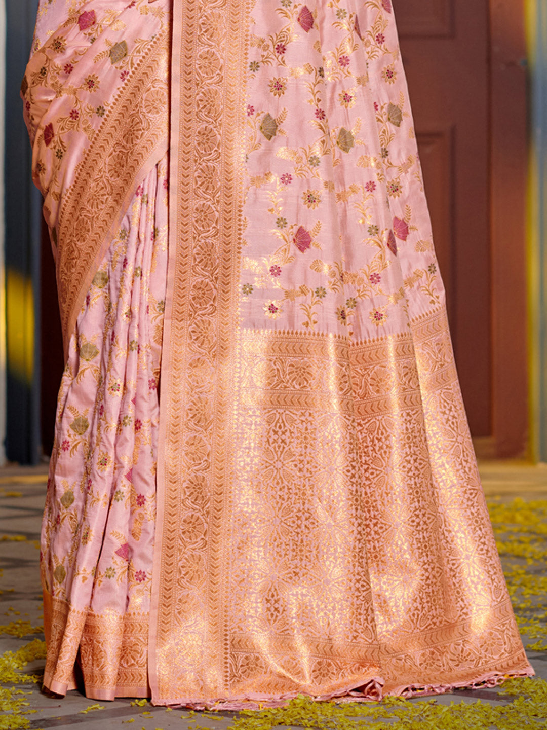 Astita Graceful Pink Banarasi Silk Saree with Golden Zari Woven Border & Floral Jaal - Wedding & Festive Wear | Swadesiicart