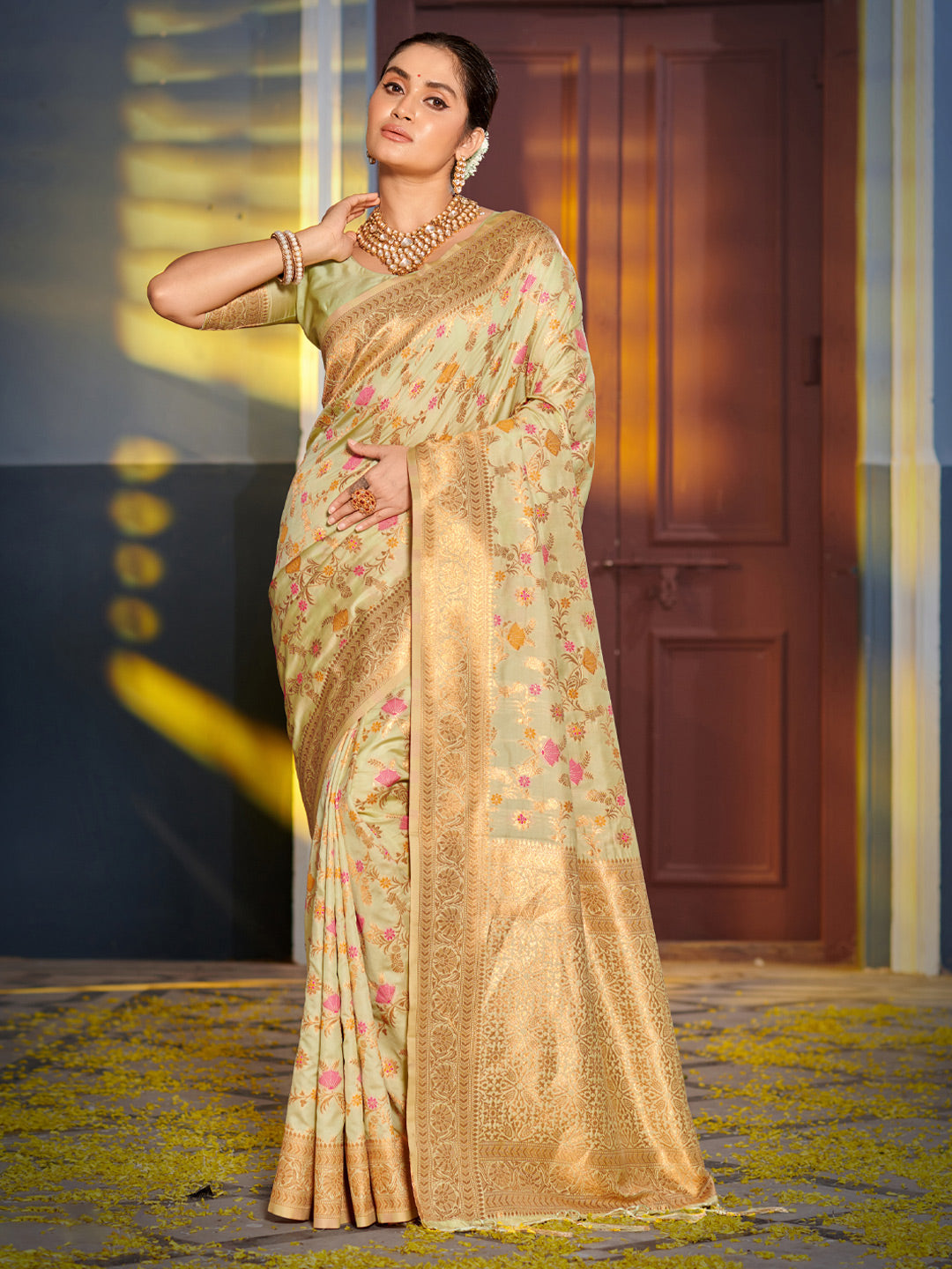 Astita Graceful Light Green Banarasi Silk Saree with Golden Zari Woven Border & Floral Jaal - Wedding & Festive Wear | Swadesiicart
