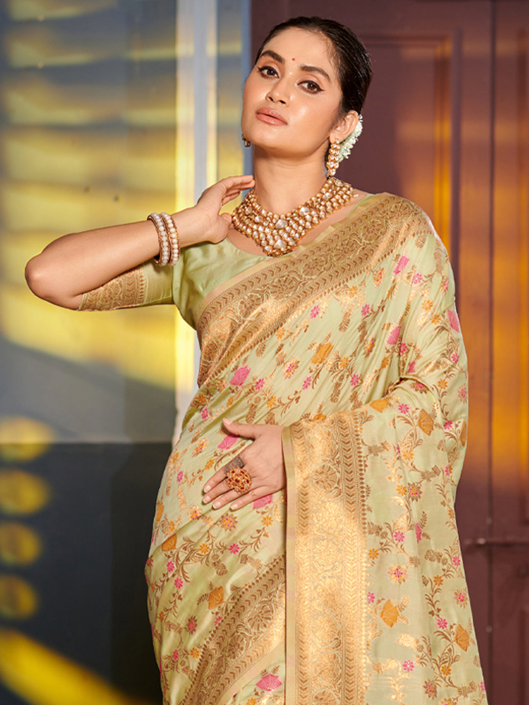Astita Graceful Light Green Banarasi Silk Saree with Golden Zari Woven Border & Floral Jaal - Wedding & Festive Wear | Swadesiicart