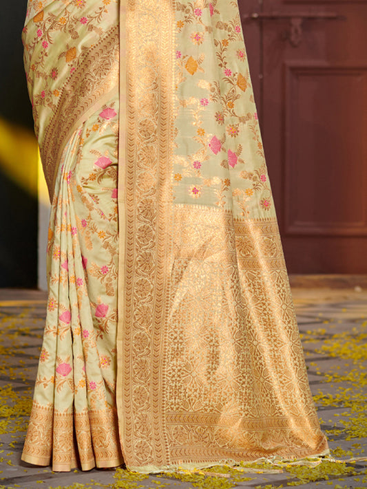Astita Graceful Light Green Banarasi Silk Saree with Golden Zari Woven Border & Floral Jaal - Wedding & Festive Wear | Swadesiicart