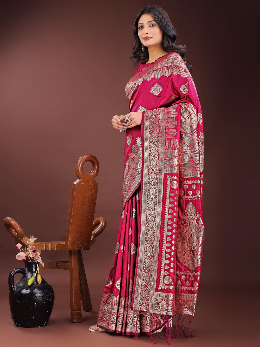 Astita Graceful Magenta Banarasi Silk Saree with Silver Zari - Perfect Ethnic Wear for Weddings & Festive Moments | Swadesiicart