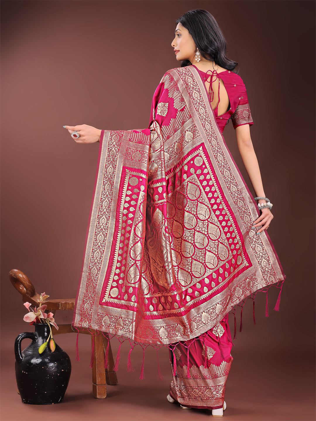 Astita Graceful Magenta Banarasi Silk Saree with Silver Zari - Perfect Ethnic Wear for Weddings & Festive Moments | Swadesiicart