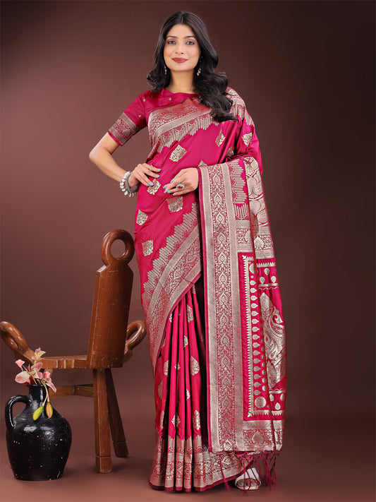 Astita Graceful Magenta Banarasi Silk Saree with Silver Zari - Perfect Ethnic Wear for Weddings & Festive Moments | Swadesiicart