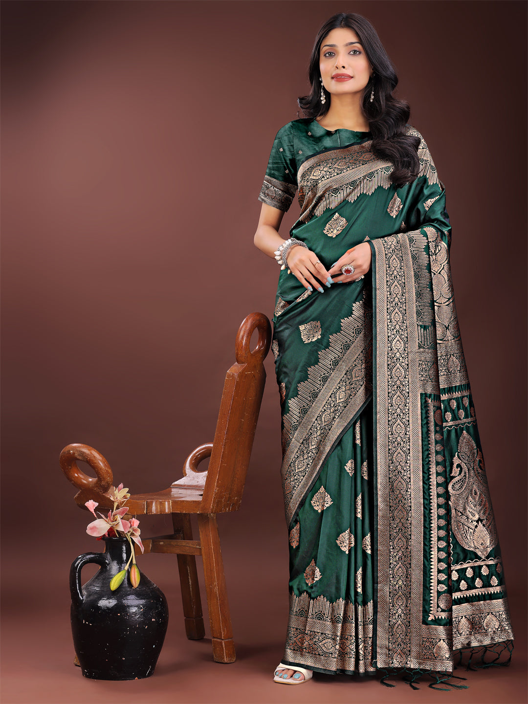 Astita Graceful Green Banarasi Silk Saree with Silver Zari - Perfect Ethnic Wear for Weddings & Festive Moments | Swadesiicart