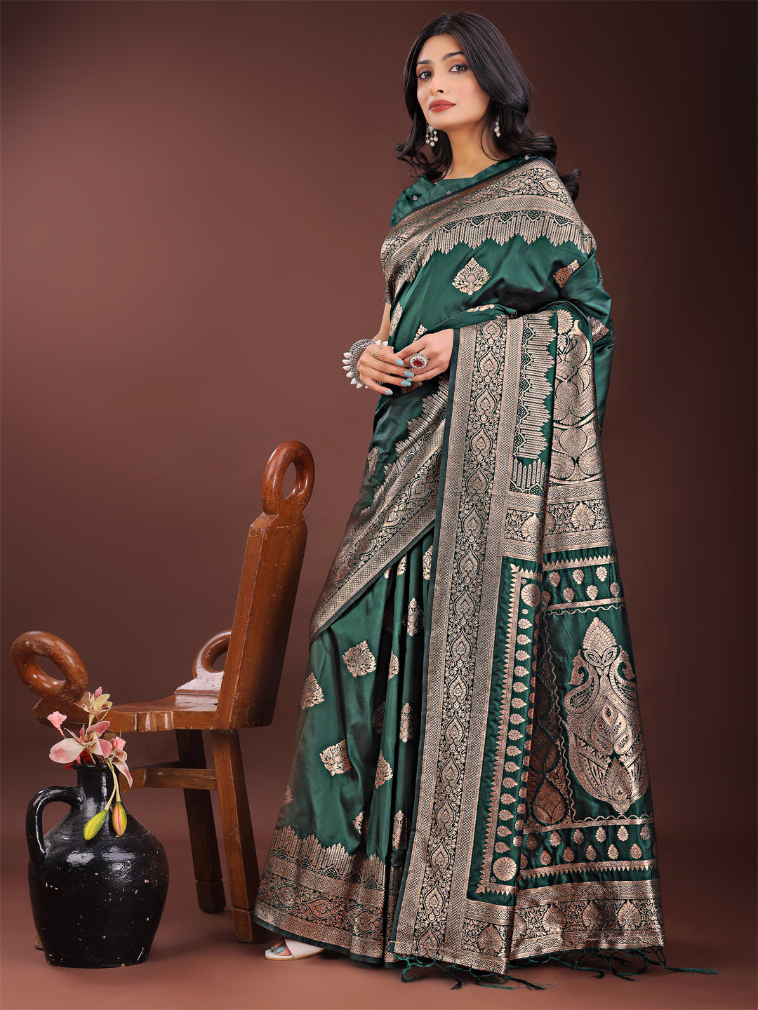 Astita Graceful Green Banarasi Silk Saree with Silver Zari - Perfect Ethnic Wear for Weddings & Festive Moments | Swadesiicart
