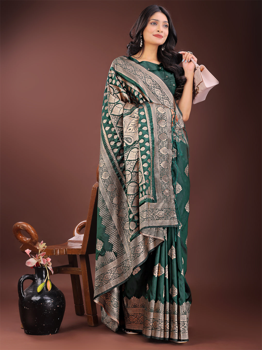 Astita Graceful Green Banarasi Silk Saree with Silver Zari - Perfect Ethnic Wear for Weddings & Festive Moments | Swadesiicart