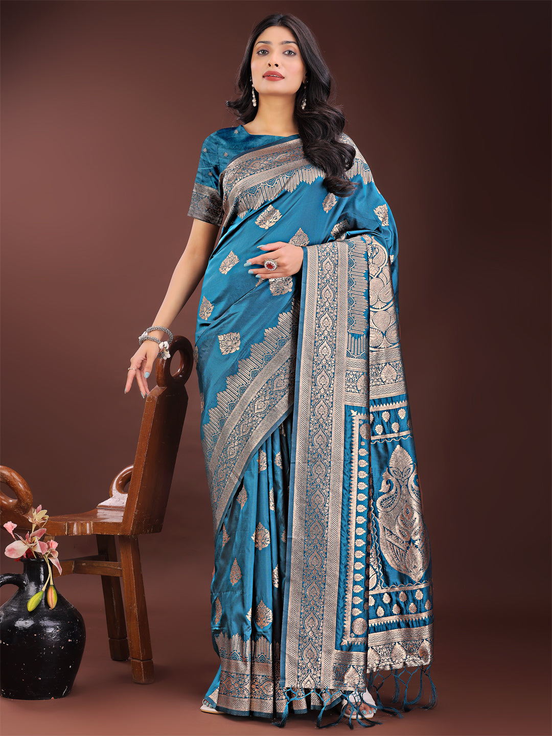 Astita Graceful Teal Banarasi Silk Saree with Silver Zari - Perfect Ethnic Wear for Weddings & Festive Moments | Swadesiicart