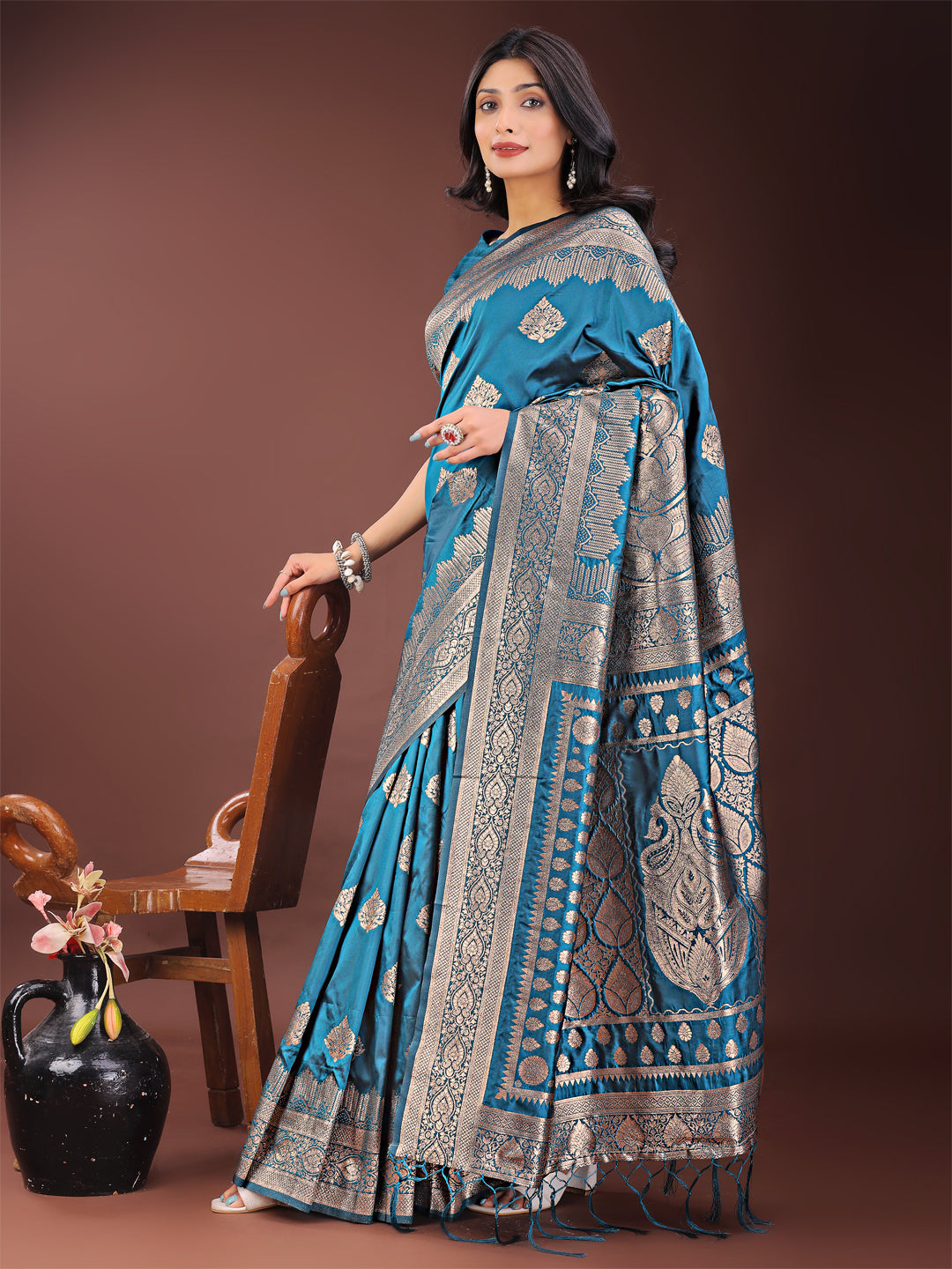 Astita Graceful Teal Banarasi Silk Saree with Silver Zari - Perfect Ethnic Wear for Weddings & Festive Moments | Swadesiicart