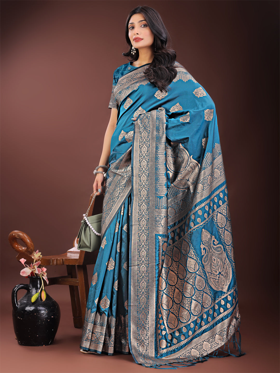 Astita Graceful Teal Banarasi Silk Saree with Silver Zari - Perfect Ethnic Wear for Weddings & Festive Moments | Swadesiicart