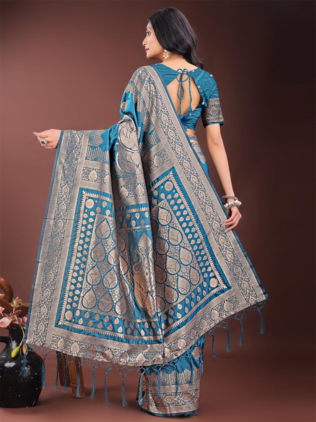 Astita Graceful Teal Banarasi Silk Saree with Silver Zari - Perfect Ethnic Wear for Weddings & Festive Moments | Swadesiicart