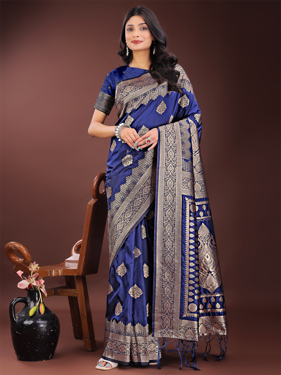 Astita Graceful Navy Blue Banarasi Silk Saree with Silver Zari - Perfect Ethnic Wear for Weddings & Festive Moments | Swadesiicart