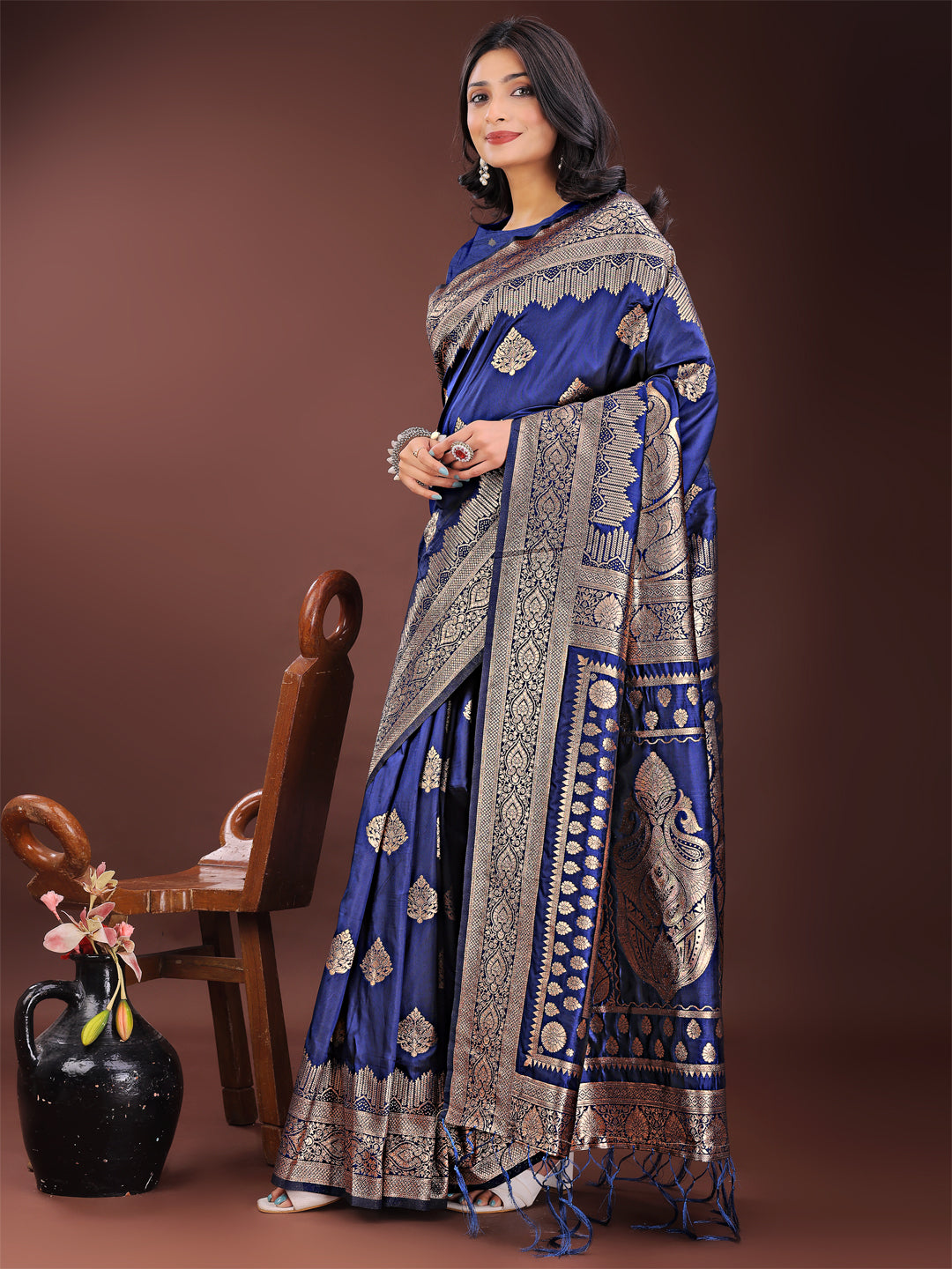 Astita Graceful Navy Blue Banarasi Silk Saree with Silver Zari - Perfect Ethnic Wear for Weddings & Festive Moments | Swadesiicart