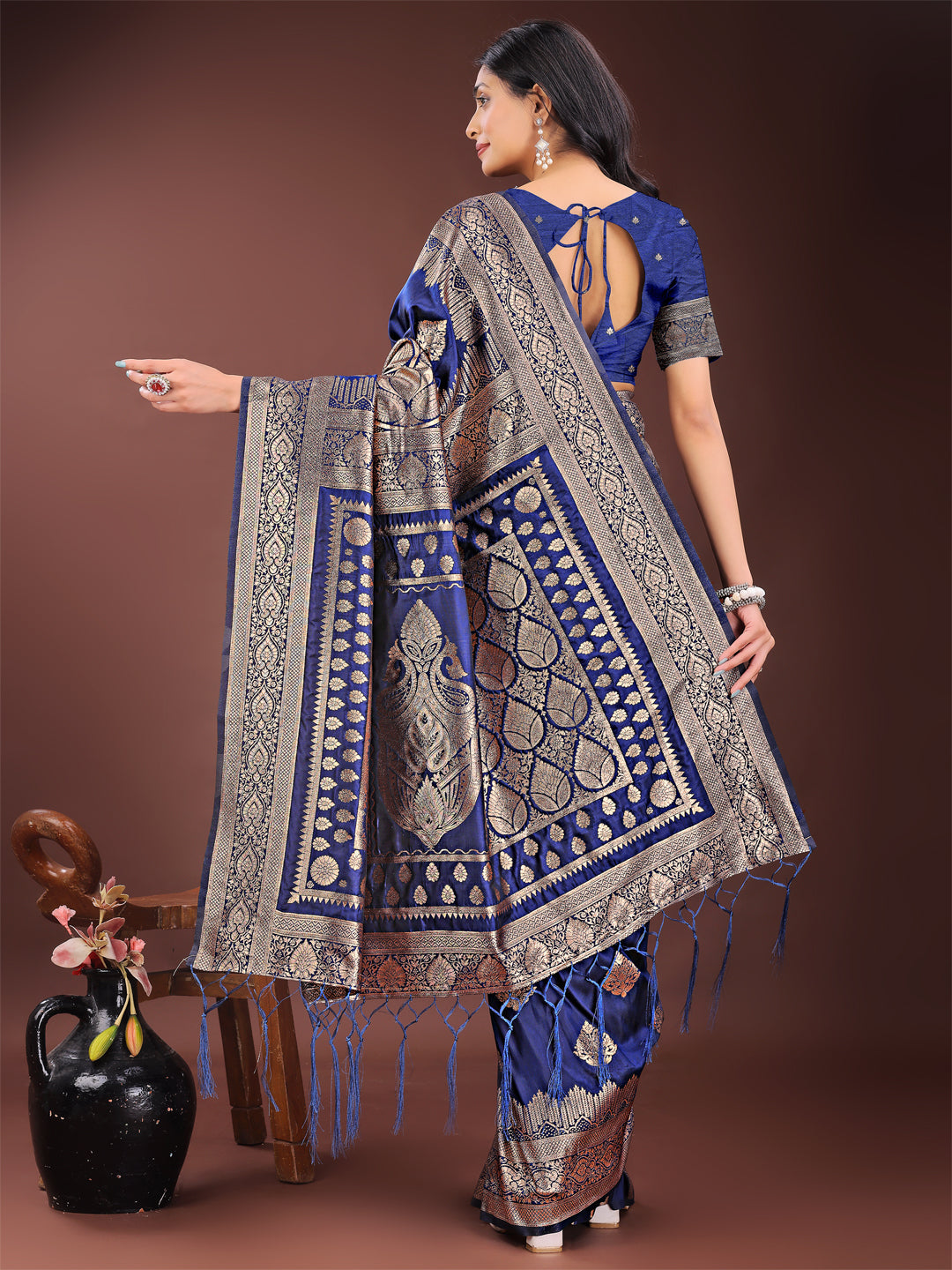 Astita Graceful Navy Blue Banarasi Silk Saree with Silver Zari - Perfect Ethnic Wear for Weddings & Festive Moments | Swadesiicart