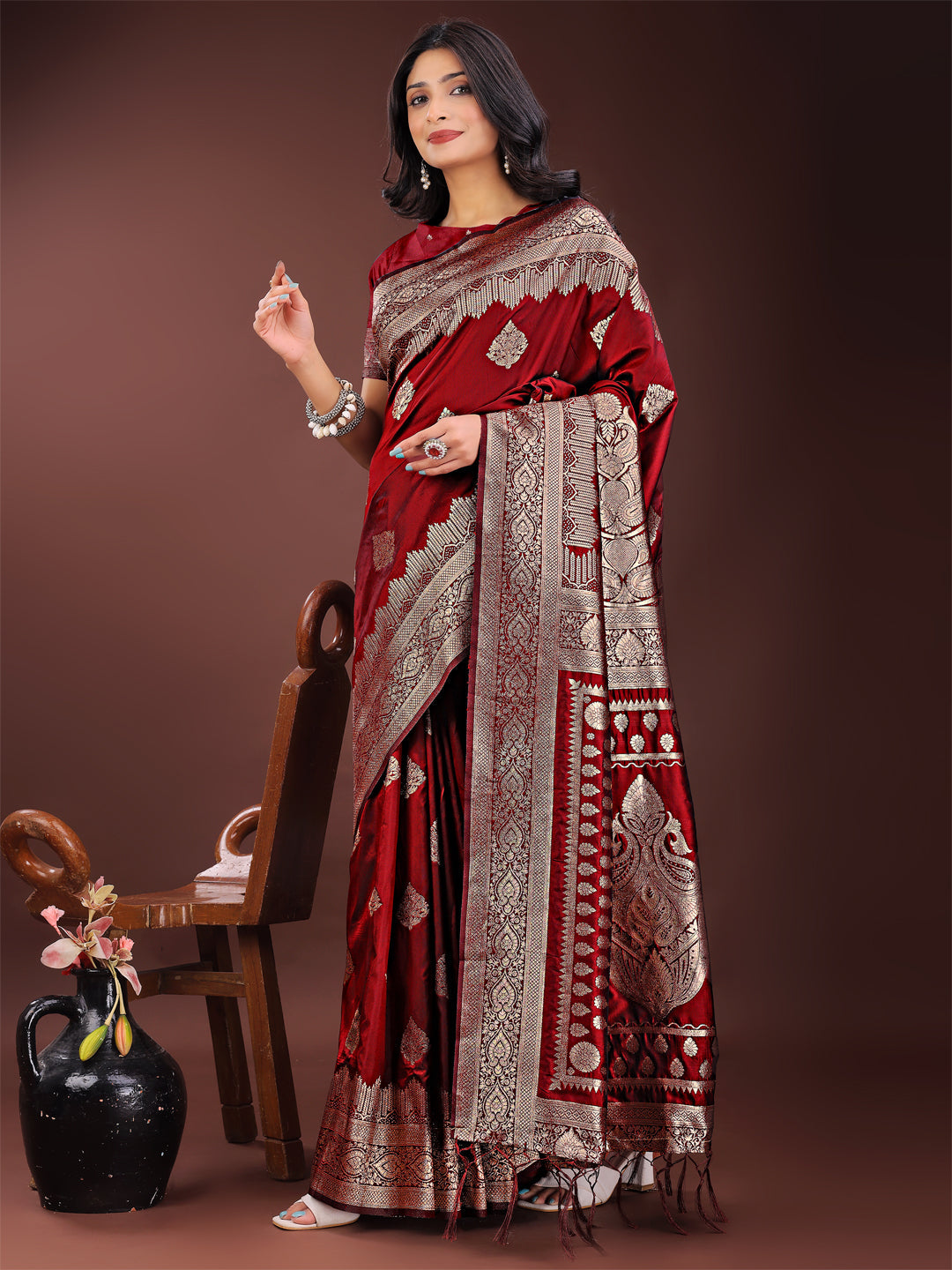 Astita Graceful Maroon Banarasi Silk Saree with Silver Zari - Perfect Ethnic Wear for Weddings & Festive Moments | Swadesiicart