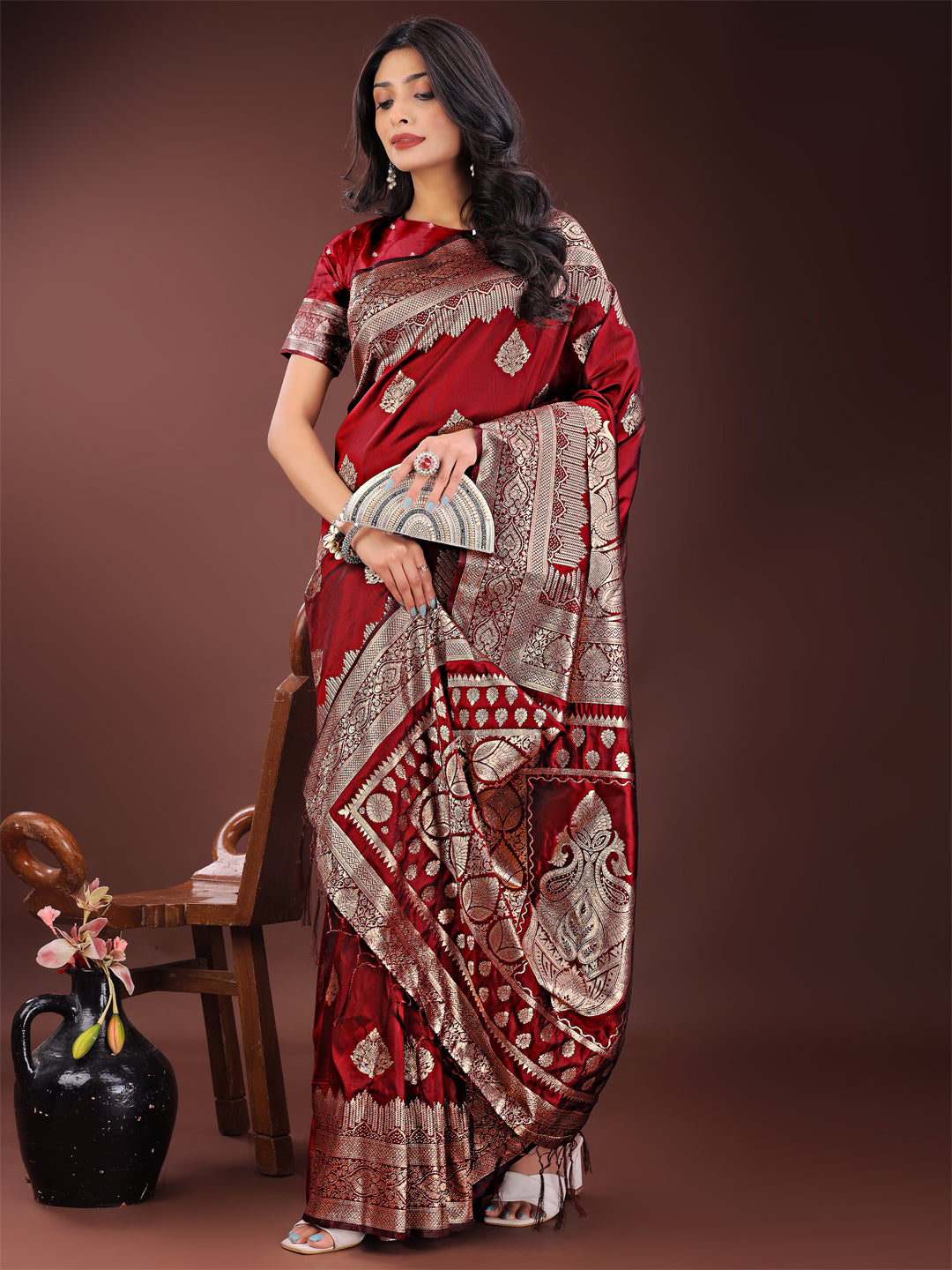 Astita Graceful Maroon Banarasi Silk Saree with Silver Zari - Perfect Ethnic Wear for Weddings & Festive Moments | Swadesiicart