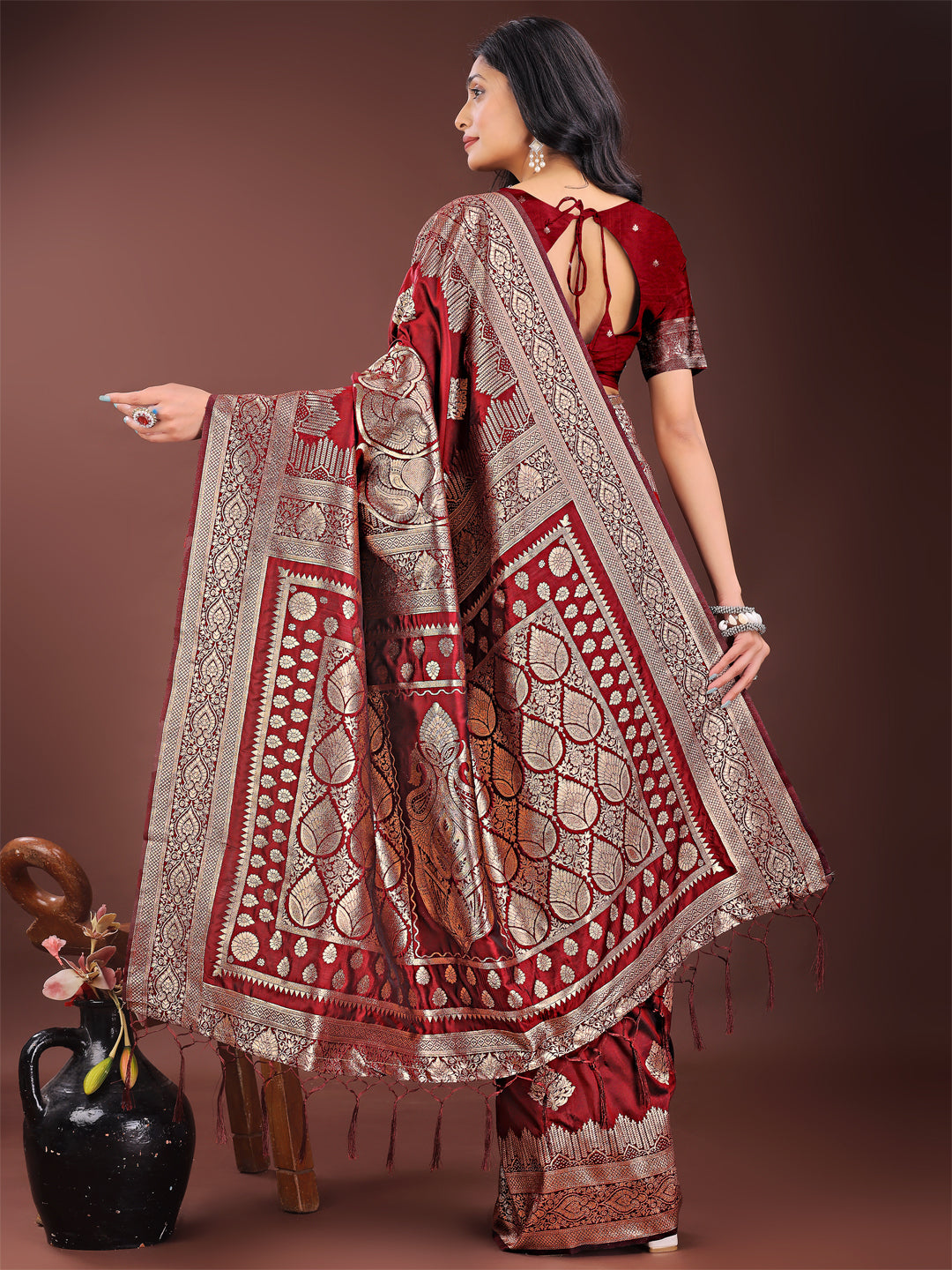 Astita Graceful Maroon Banarasi Silk Saree with Silver Zari - Perfect Ethnic Wear for Weddings & Festive Moments | Swadesiicart