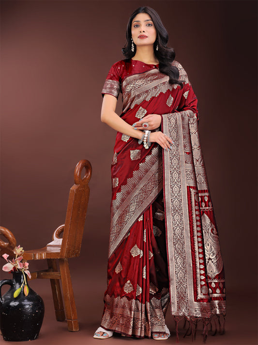 Astita Graceful Maroon Banarasi Silk Saree with Silver Zari - Perfect Ethnic Wear for Weddings & Festive Moments | Swadesiicart
