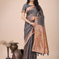 Shree Shyam Fashion Premium Charcoal Black Linen Cotton Saree with Copper Zari Pallu & Abstract Print - Office & Festive Wear