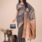 Shree Shyam Fashion Premium Charcoal Black Linen Cotton Saree with Copper Zari Pallu & Abstract Print - Office & Festive Wear